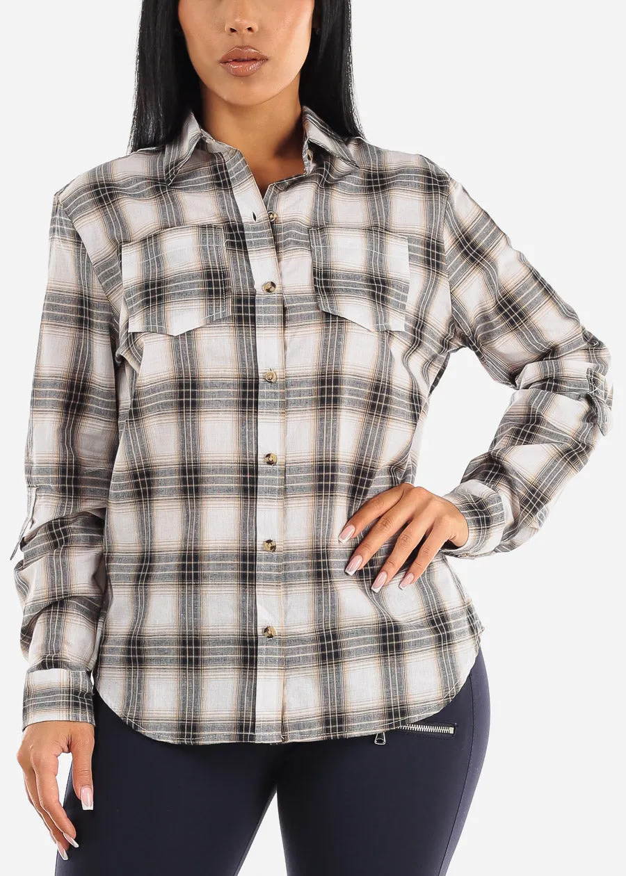 Plaid Button Up Long Sleeve Cotton Shirt Ivory sold by Moda