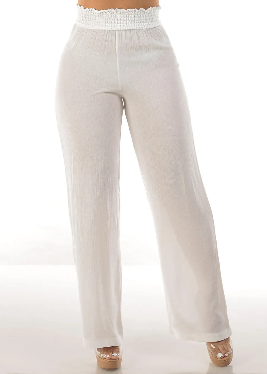 White Smocked Waist Wide Legged Pants sold by Moda