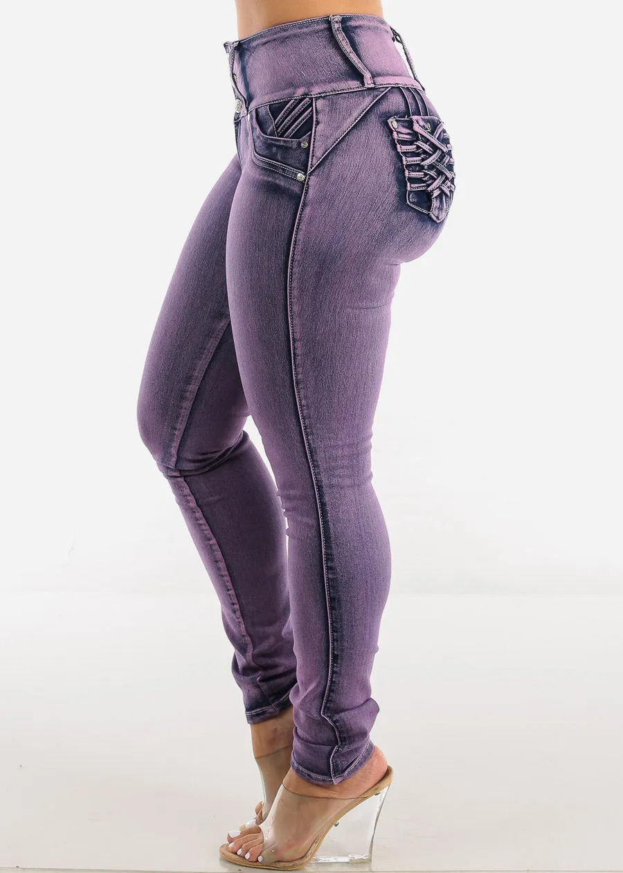MX JEANS Braided Pocket Butt Lifting Purple Skinny Jeans sold by Moda product image thumbnail 5