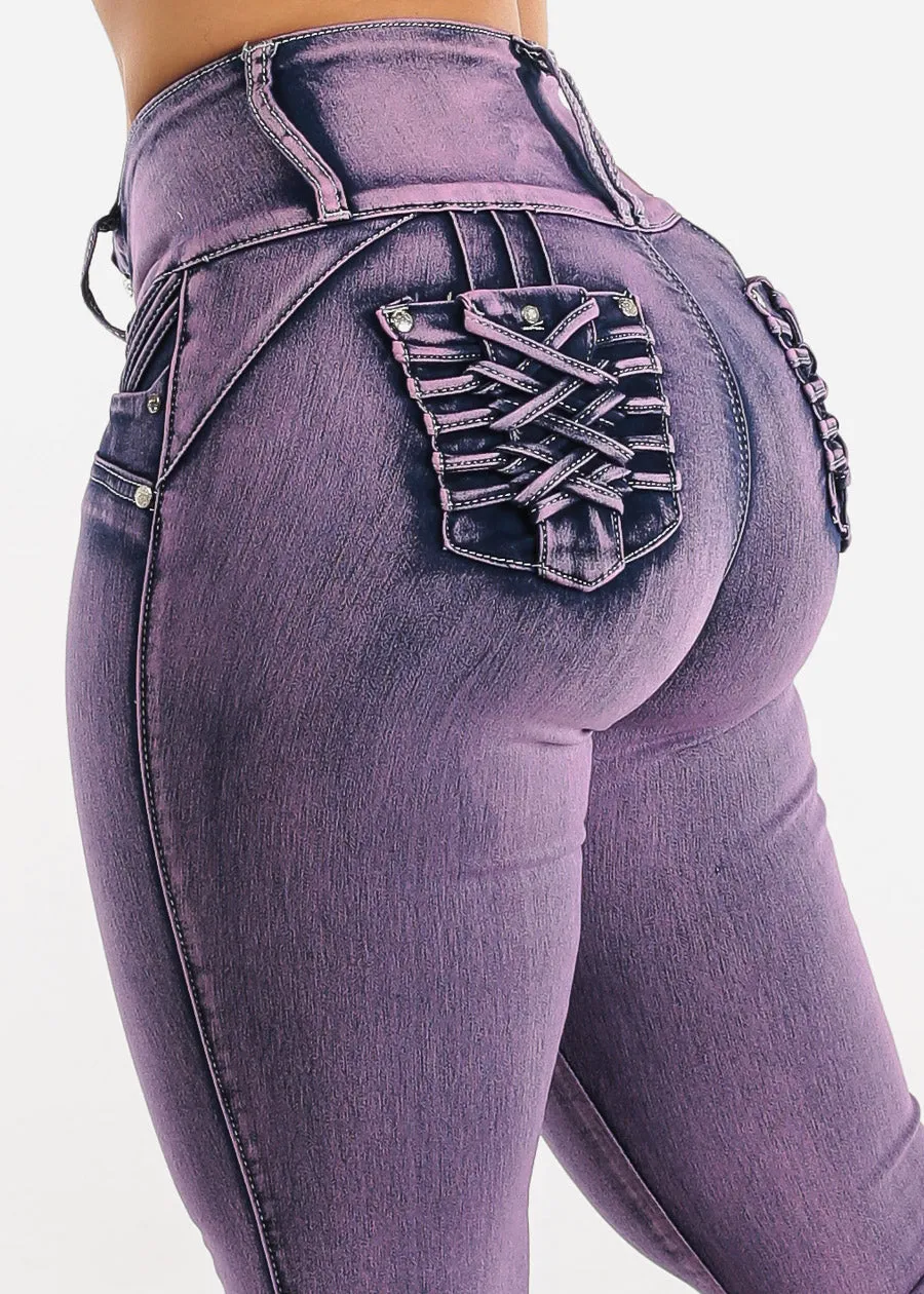 MX JEANS Braided Pocket Butt Lifting Purple Skinny Jeans sold by Moda