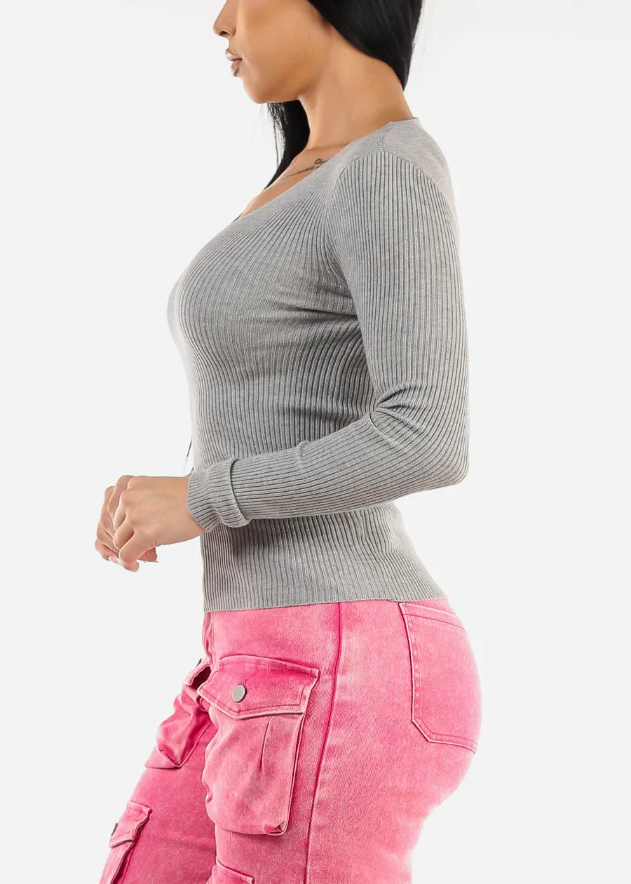 Long Sleeve Vneck Ribbed Sweater Top Grey sold by Moda product image thumbnail 3