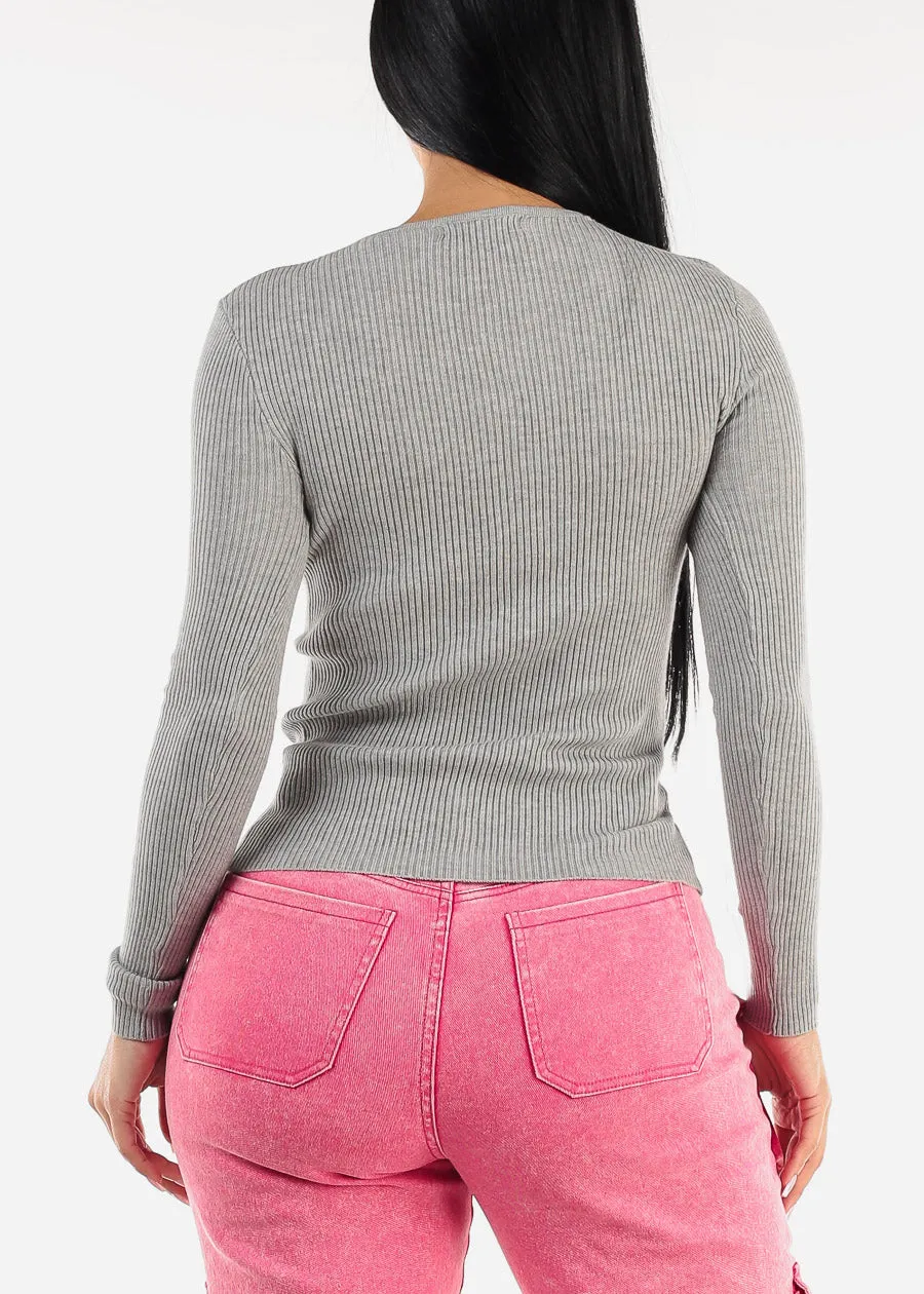 Long Sleeve Vneck Ribbed Sweater Top Grey sold by Moda product image thumbnail 4