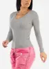 Long Sleeve Vneck Ribbed Sweater Top Grey sold by Moda