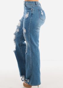 High Waisted Ripped Wide Leg Straight Stretch Light Jeans sold by Moda