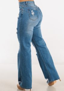 High Waisted Ripped Wide Leg Straight Stretch Light Jeans sold by Moda
