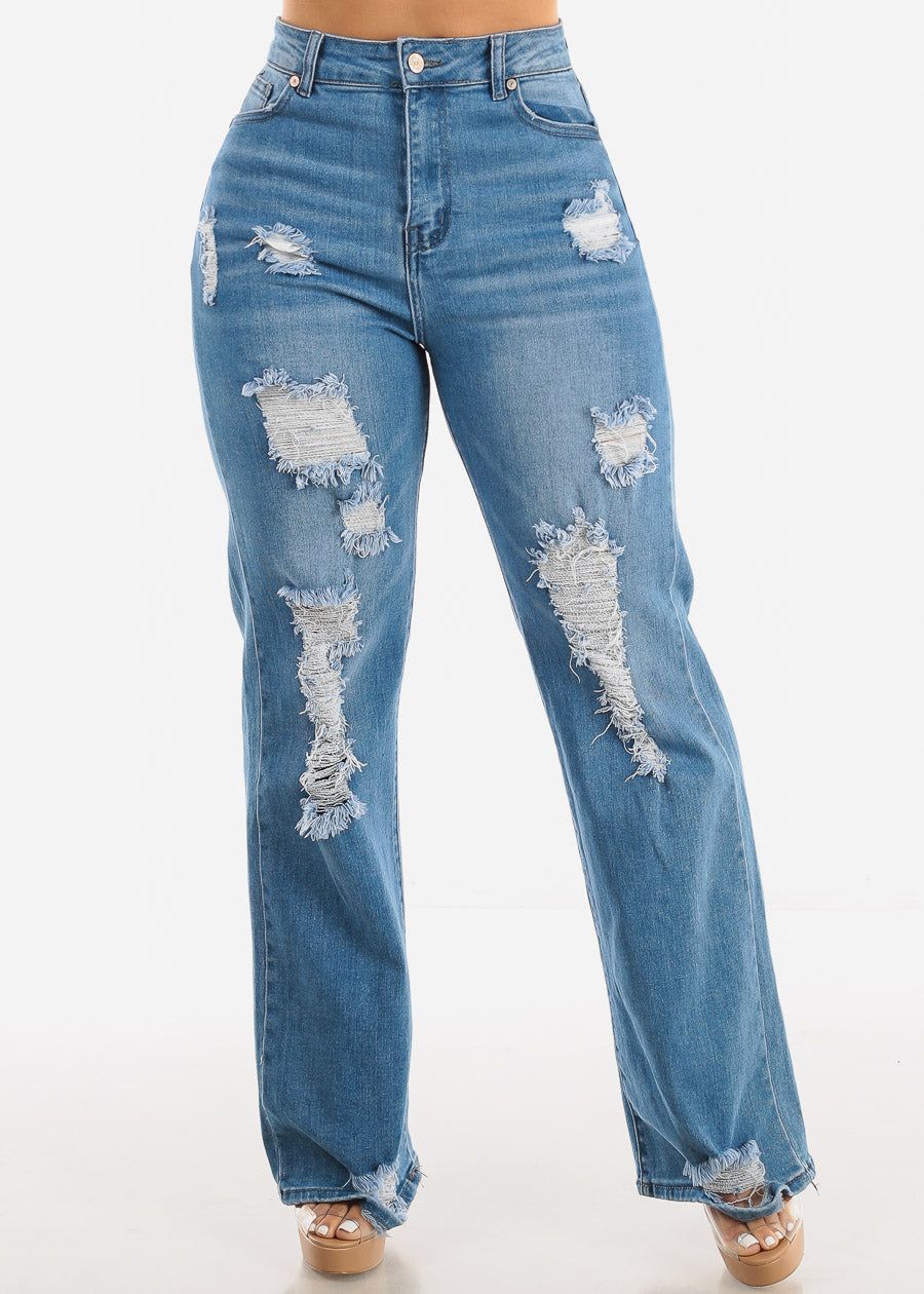 High Waisted Ripped Wide Leg Straight Stretch Light Jeans sold by Moda