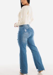 High Waisted Ripped Wide Leg Straight Stretch Light Jeans sold by Moda