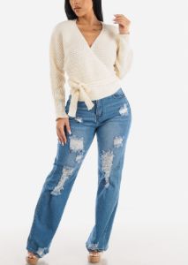 High Waisted Ripped Wide Leg Straight Stretch Light Jeans sold by Moda