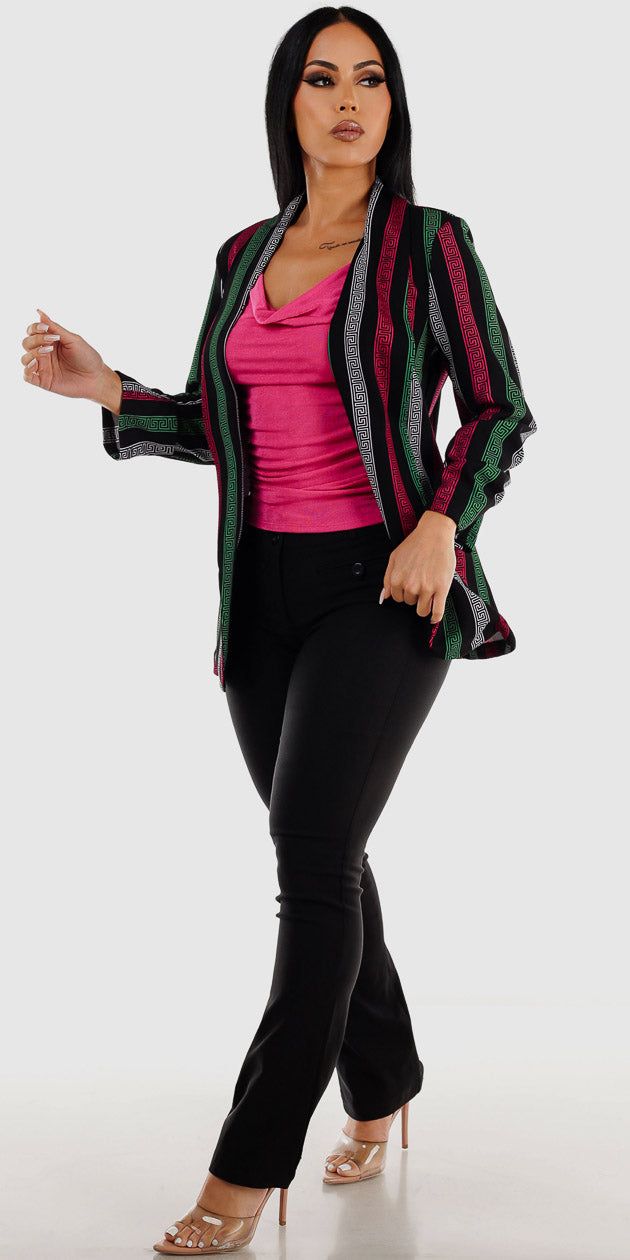 Black Mid Rise Dressy Bootcut Pants Sleeveless Fuchsia Cowl Neck Top and Black Open Front Printed Blazer sold by Moda