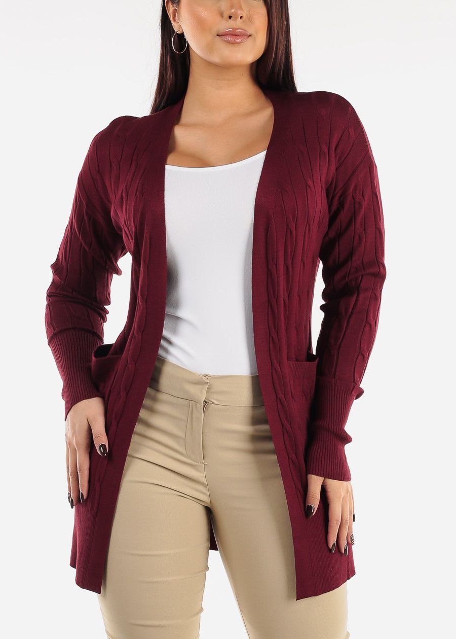Long Sleeve Burgundy Cardigan w Pockets sold by Moda