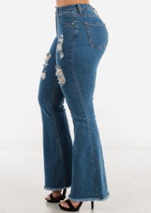 High Waisted Distressed Med Wash Bell Bottom Jeans sold by Moda