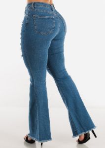 High Waisted Distressed Med Wash Bell Bottom Jeans sold by Moda