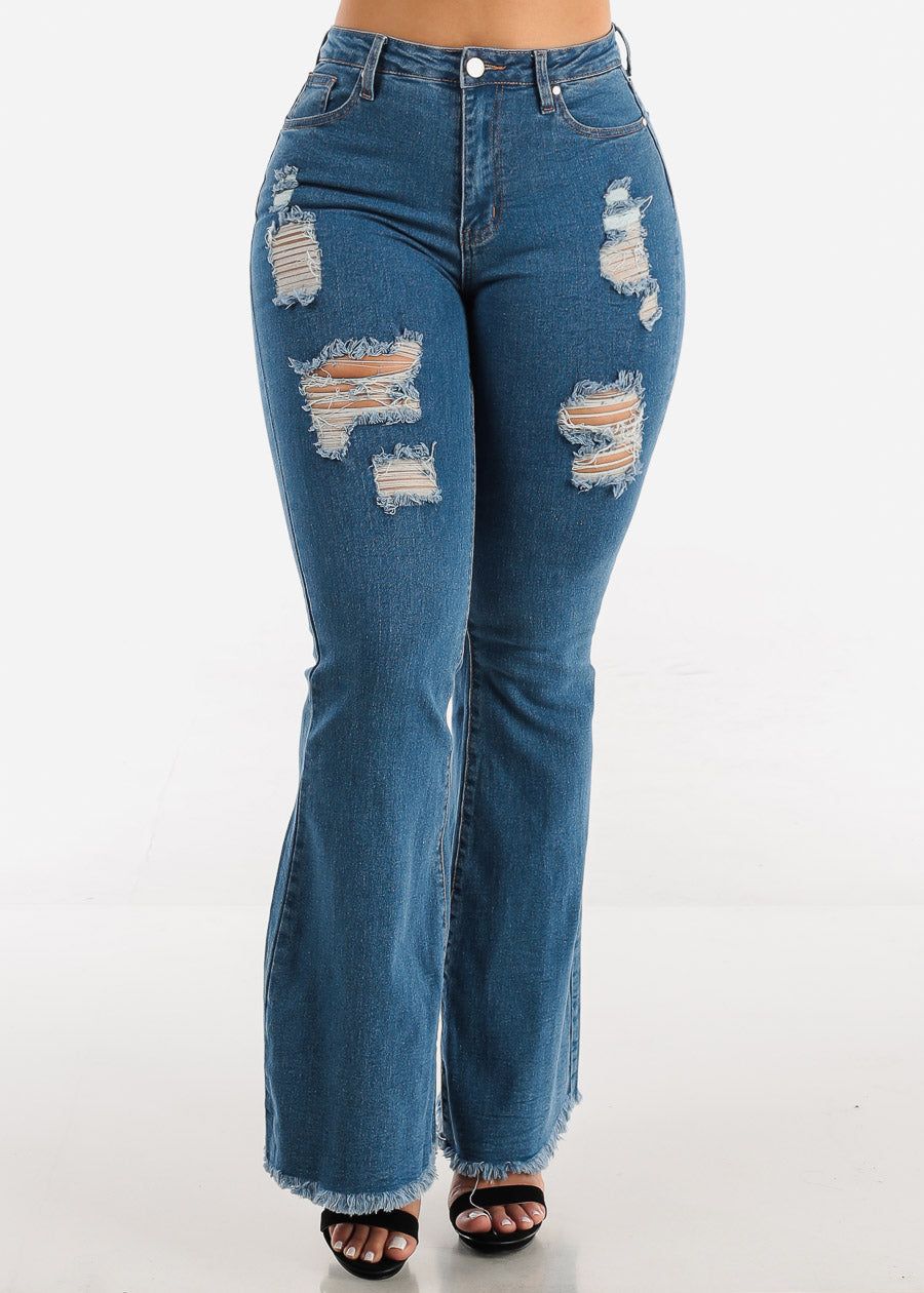 High Waisted Distressed Med Wash Bell Bottom Jeans sold by Moda