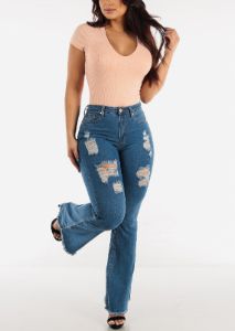 High Waisted Distressed Med Wash Bell Bottom Jeans sold by Moda