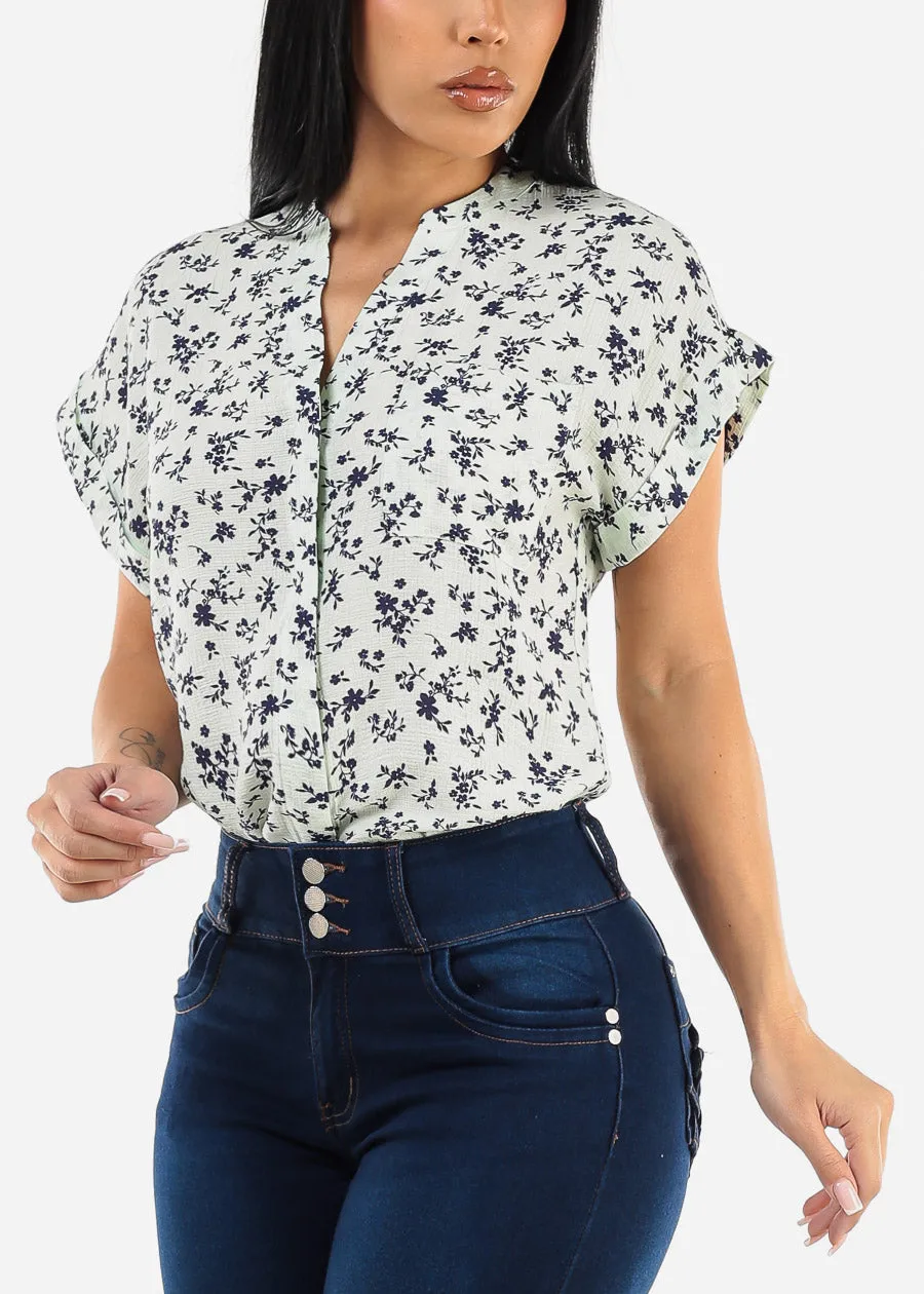 Floral Short Sleeve Button Up Woven Top Mint sold by Moda