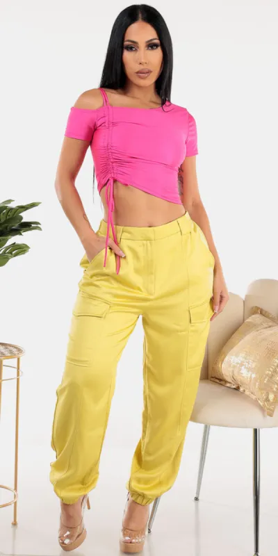 Mustard Satin Cargo Jogger Set sold by Moda