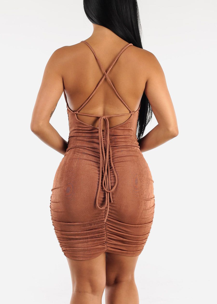 Cowl Neck Ruched Bodycon Dress Brown w Back Lace Up Tie sold by Moda product image thumbnail 5