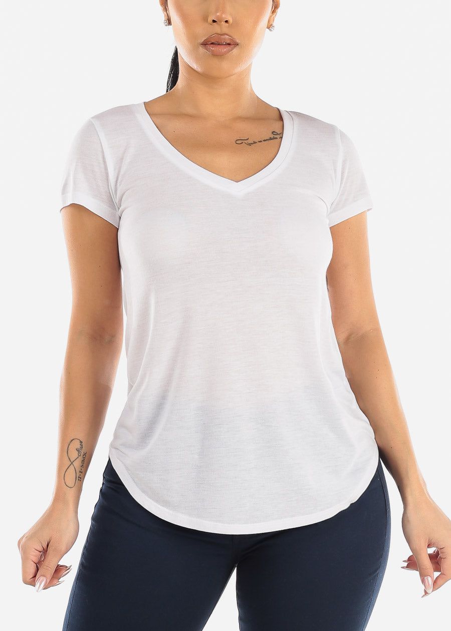 White Short Sleeve Round Hem Vneck Top sold by Moda