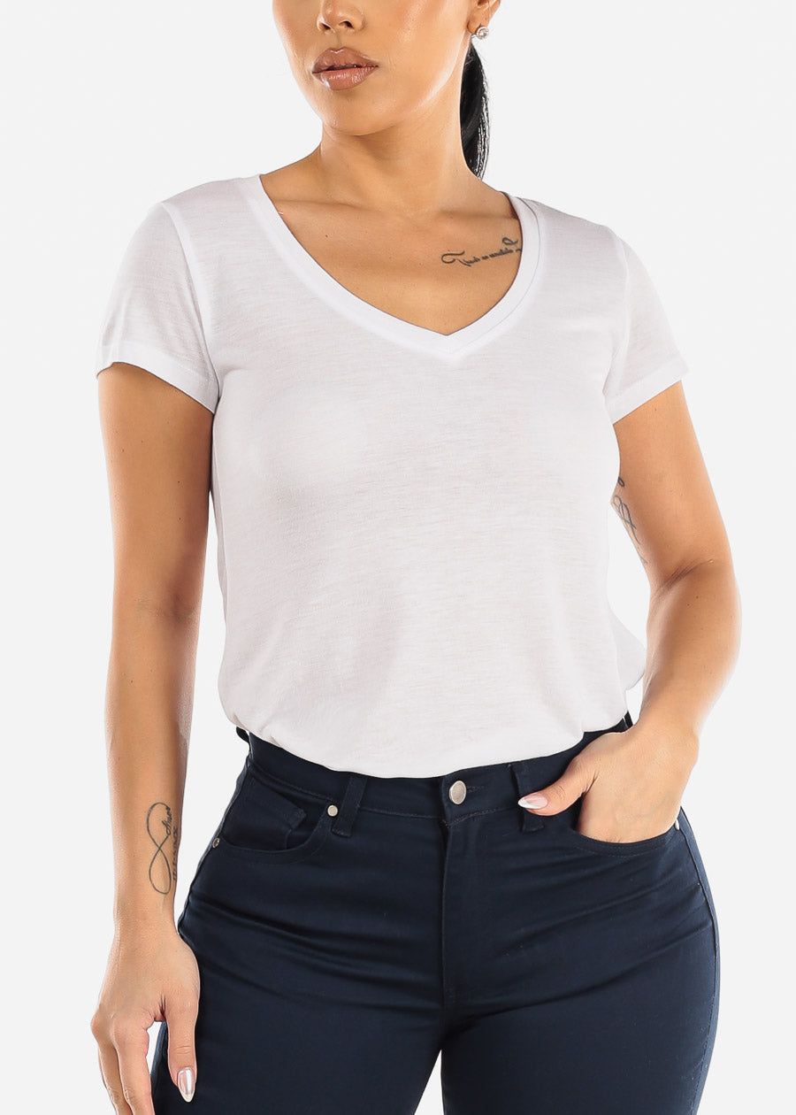 White Short Sleeve Round Hem Vneck Top sold by Moda product image thumbnail 5