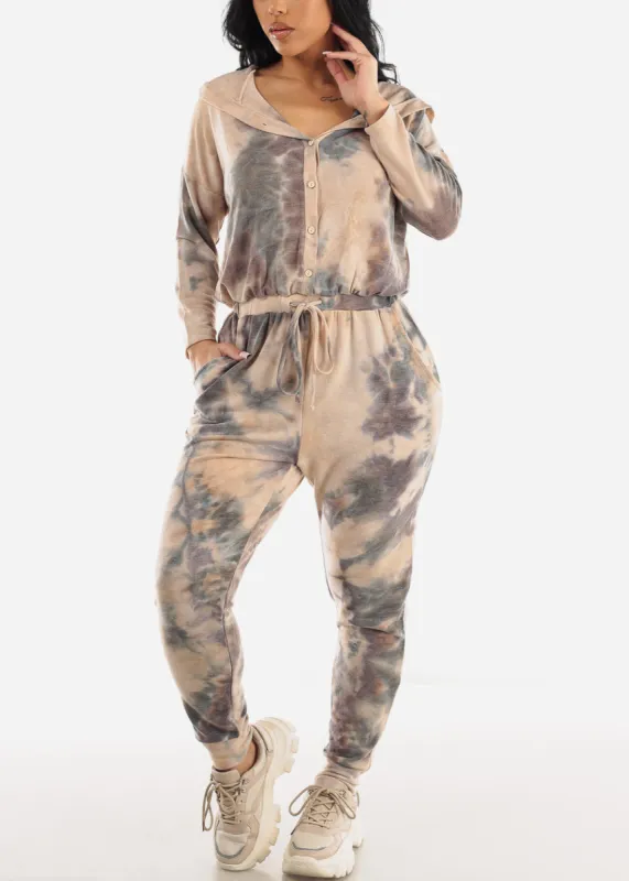 Long Sleeve Tie Dye Button Up Hooded Jumpsuit sold by Moda