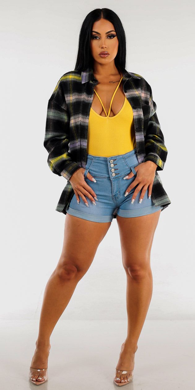 High Rise Butt Lifting Denim Shorts Yellow Seamless Bodysuit and Long Sleeve Black Oversized Plaid Shirt sold by Moda