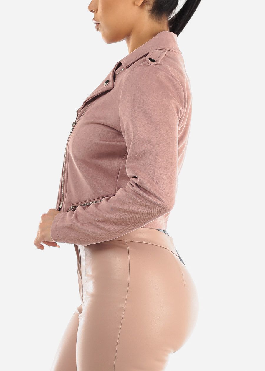 Suede Zip Up Cropped Moto Jacket Rose sold by Moda product image thumbnail 4