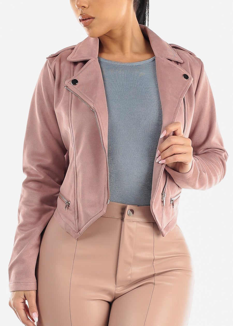 Suede Zip Up Cropped Moto Jacket Rose sold by Moda product image thumbnail 3