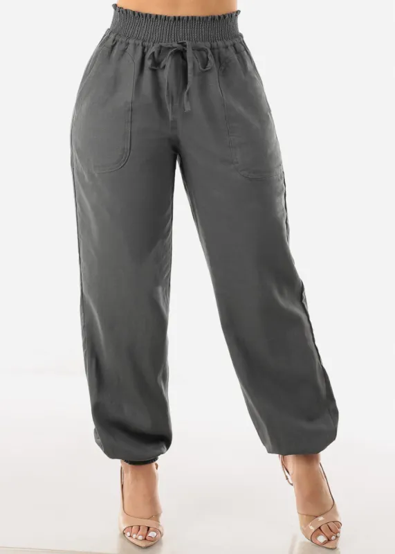 Grey Linen High Rise Spandex Waist Jogger Pants sold by Moda