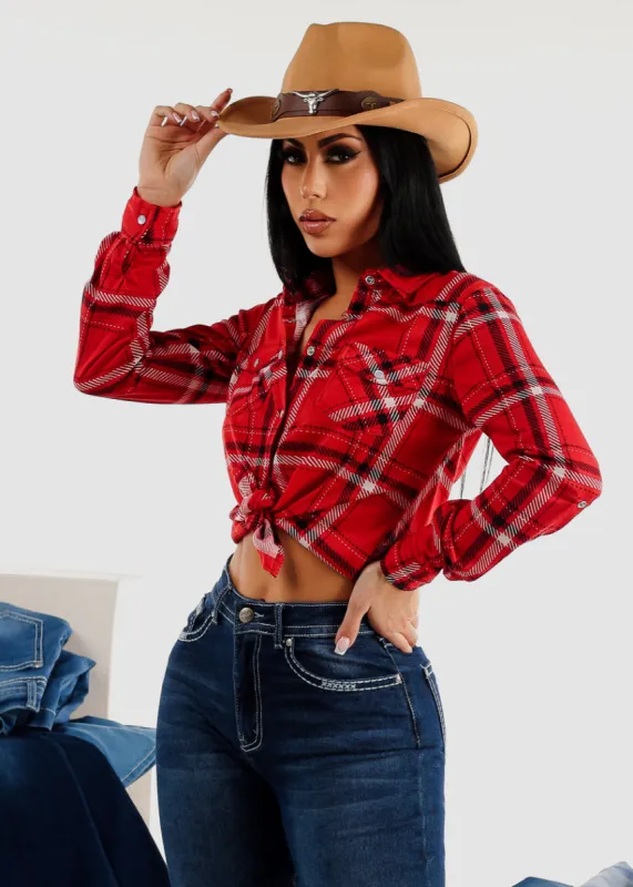 Long Sleeve Snap Button Plaid Shirt Red sold by Moda