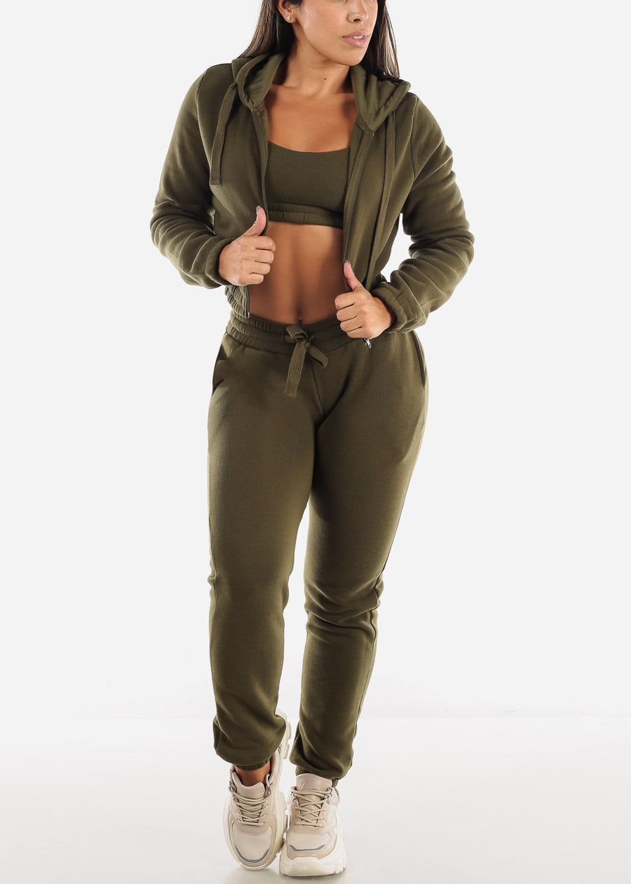 Fleece Hoodie, Sports Bra & Joggers Olive (3 PCE SET) sold by Moda