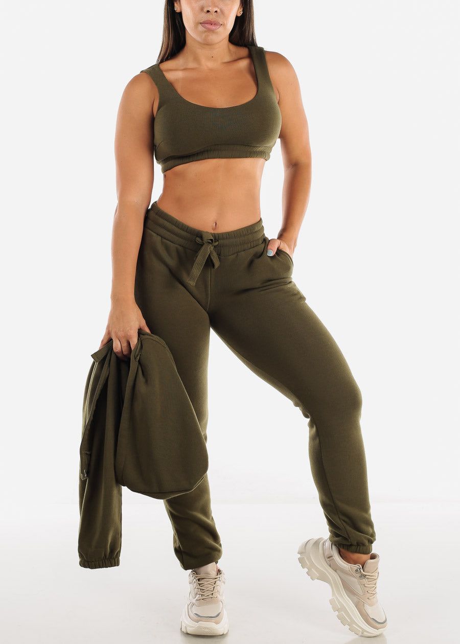 Fleece Hoodie, Sports Bra & Joggers Olive (3 PCE SET) sold by Moda product image thumbnail 2
