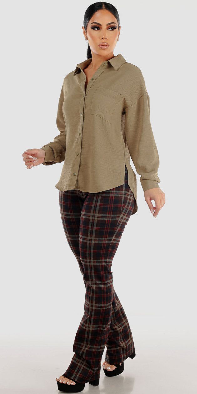 Brown High Rise Plaid Bootcut Dress Pants with Long Sleeve Olive Collared Blouse sold by Moda