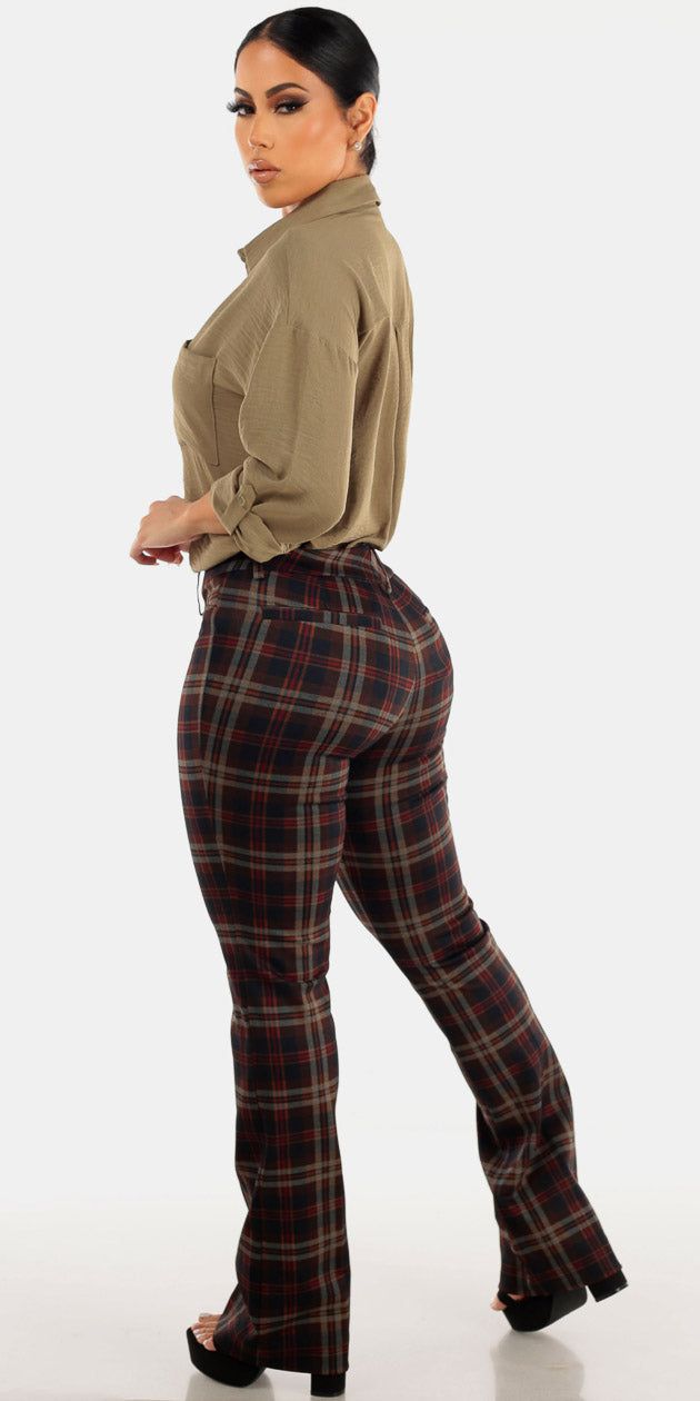 Brown High Rise Plaid Bootcut Dress Pants with Long Sleeve Olive Collared Blouse sold by Moda product image thumbnail 2