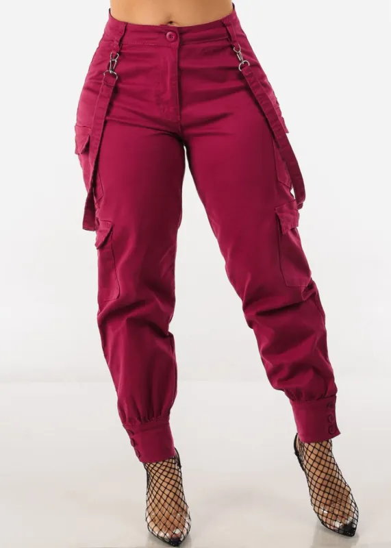 High Waisted Burgundy Jogger Pants w Straps sold by Moda
