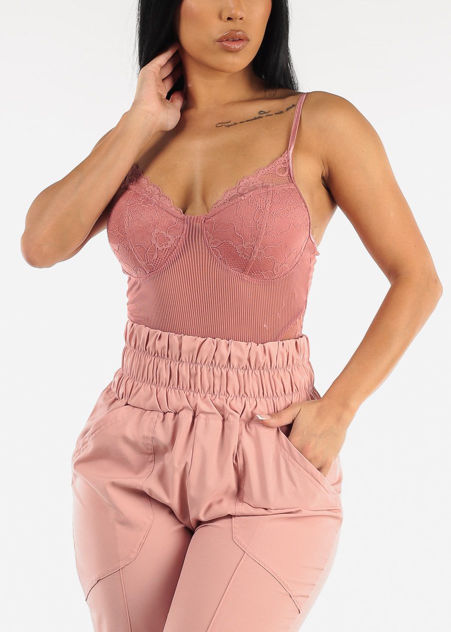Sleeveless Blush Thin Stripe Mesh & Lace Thong Bodysuit sold by Moda