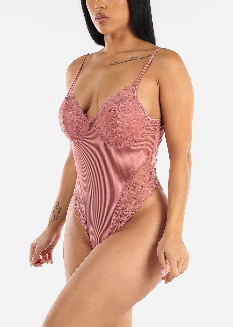 Sleeveless Blush Thin Stripe Mesh & Lace Thong Bodysuit sold by Moda product image thumbnail 2
