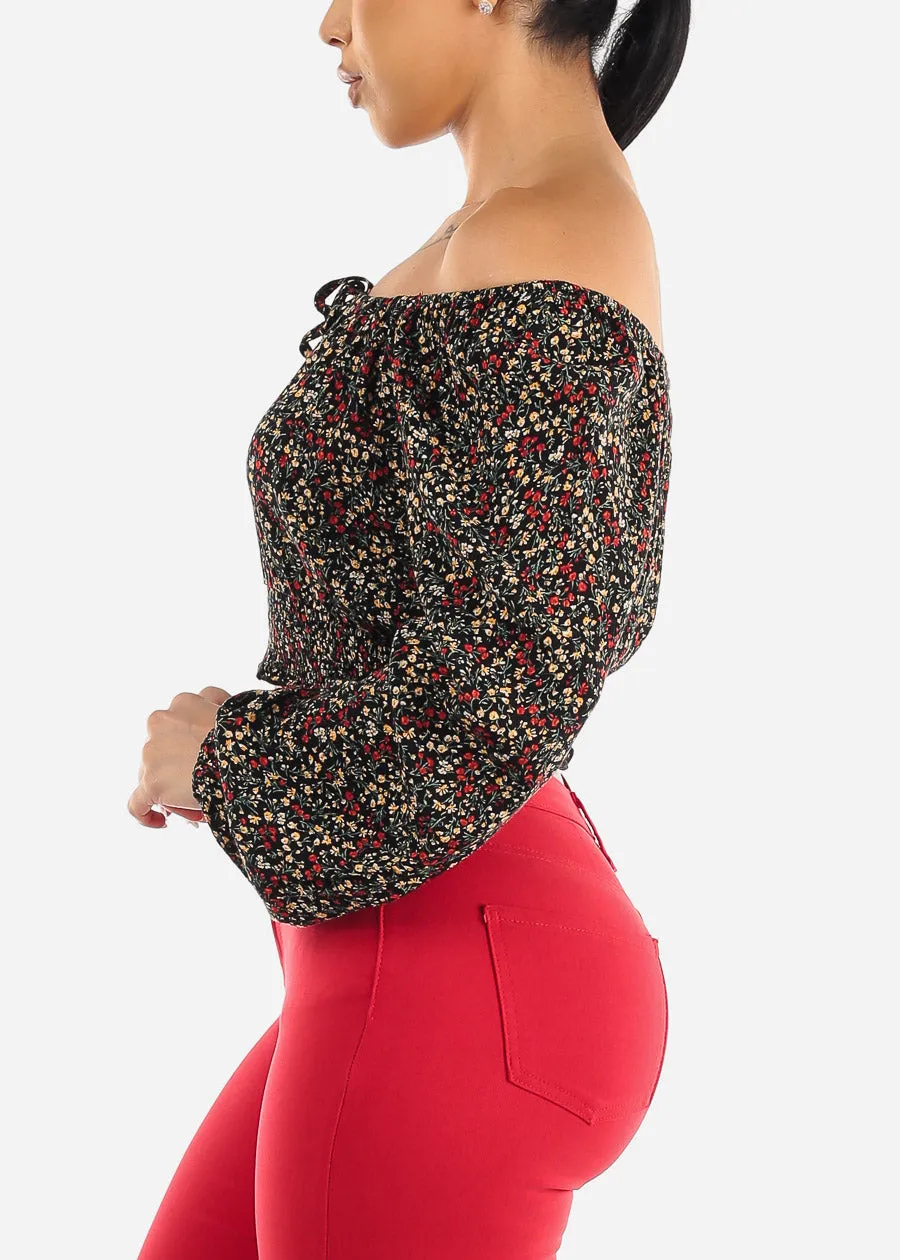 Black Off Shoulder Floral Peasant Crop Top sold by Moda product image thumbnail 3