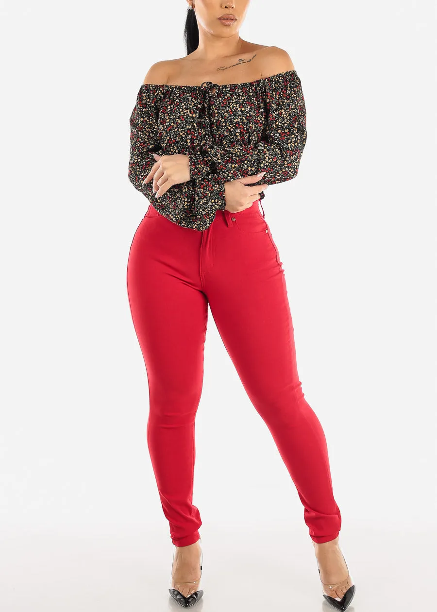 Black Off Shoulder Floral Peasant Crop Top sold by Moda product image thumbnail 2