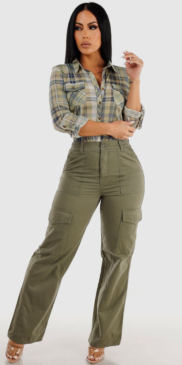 Olive Wide Legged Cargo Pants with Sage Long Sleeve Plaid Button Up Shirt sold by Moda