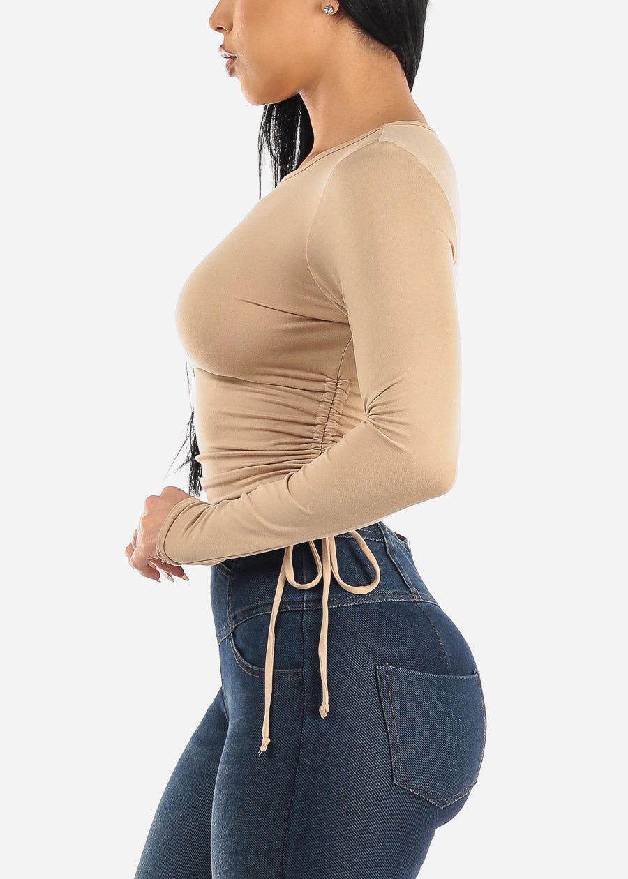 Crewneck Long Sleeve Top Taupe w Adjustable Drawstring Sides sold by Moda product image thumbnail 3