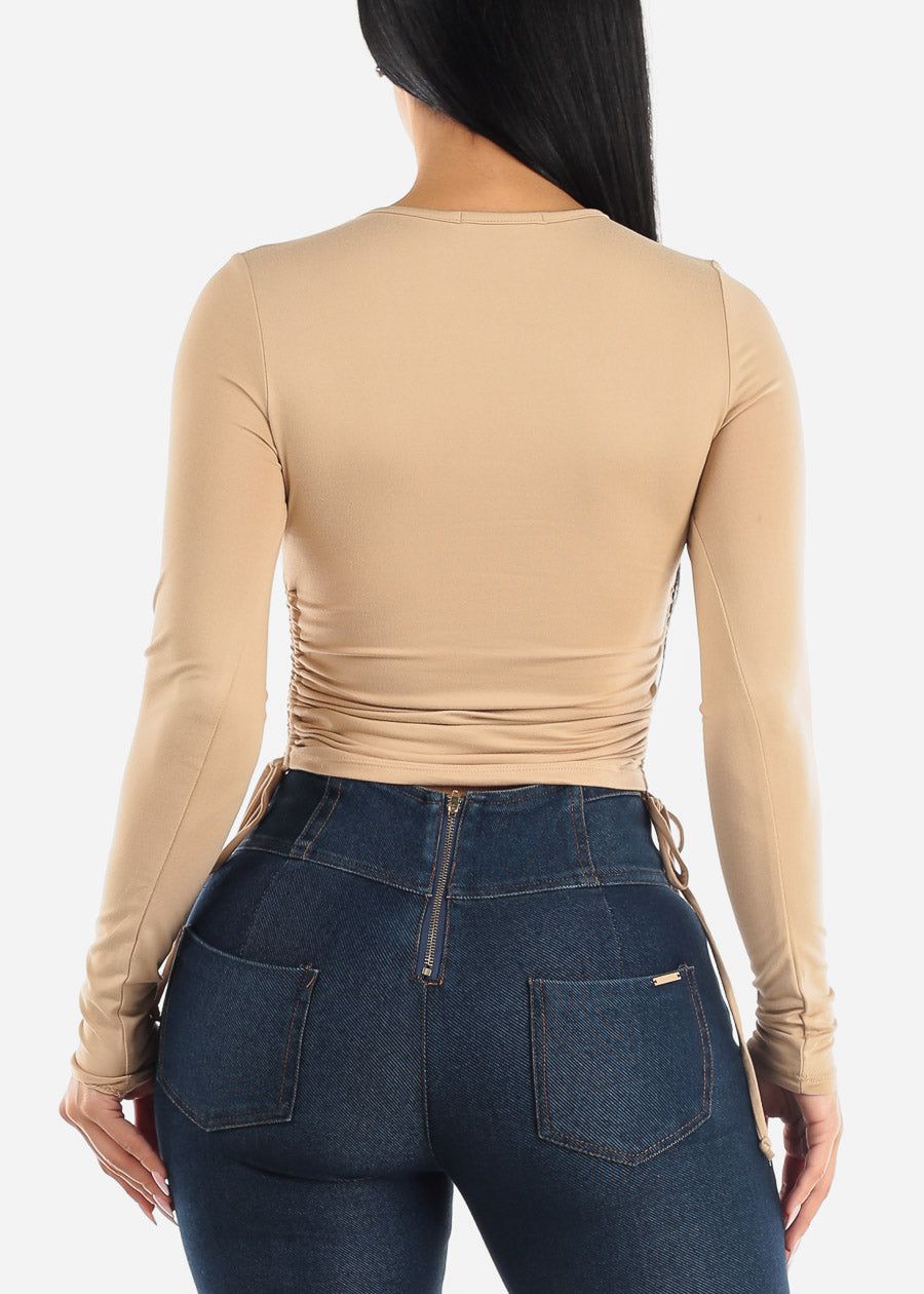 Crewneck Long Sleeve Top Taupe w Adjustable Drawstring Sides sold by Moda product image thumbnail 4