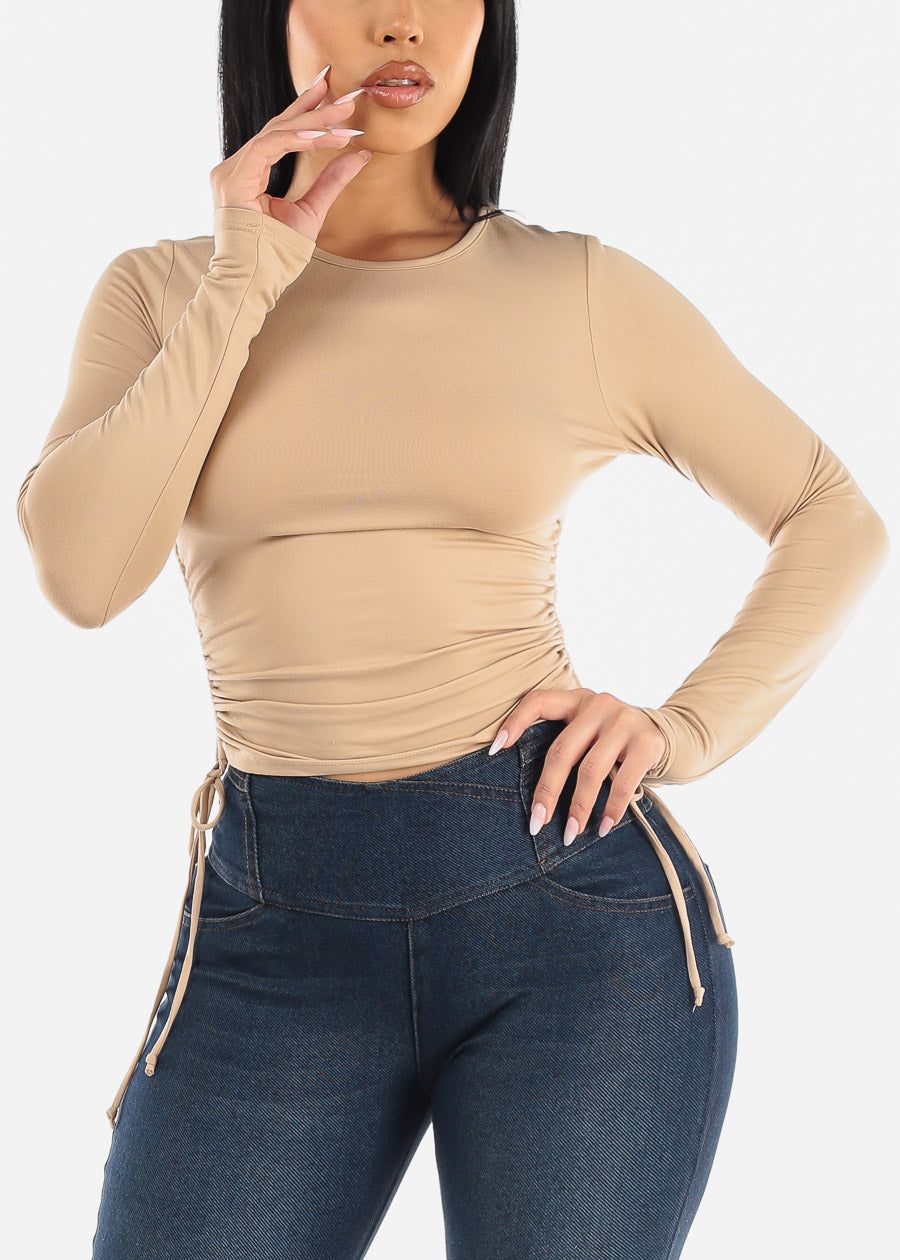 Crewneck Long Sleeve Top Taupe w Adjustable Drawstring Sides sold by Moda