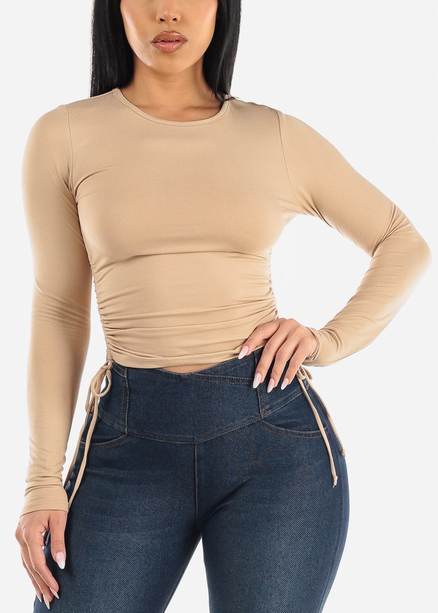 Crewneck Long Sleeve Top Taupe w Adjustable Drawstring Sides sold by Moda product image thumbnail 5