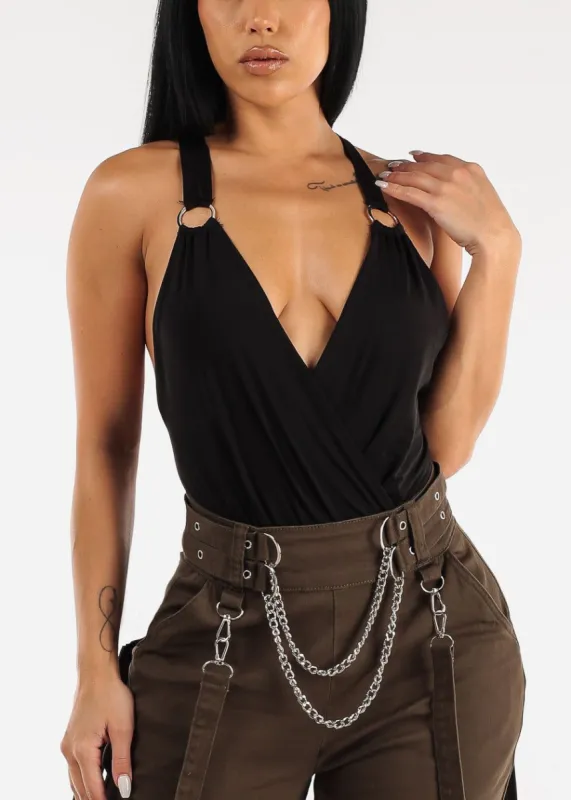 Black Sleeveless Surplice Thong Bodysuit sold by Moda