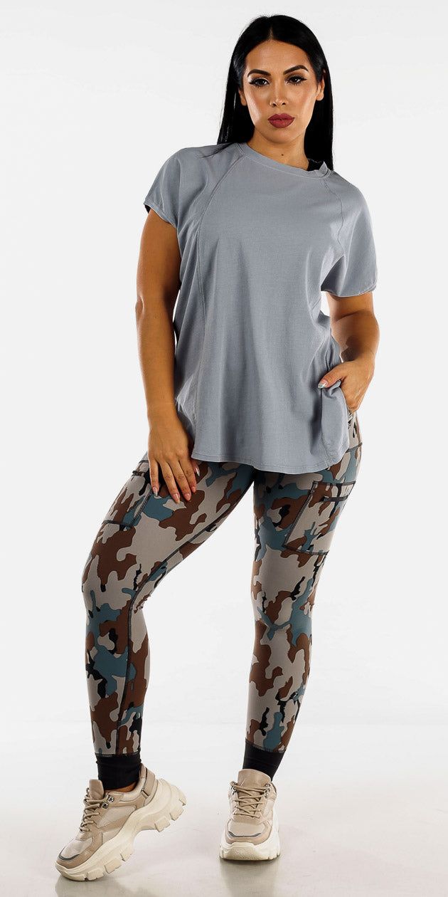 Camo Hybrid Cargo Joggers Black Racerback Sports Bra Tank and Light Blue Crewneck Tunic Tee sold by Moda