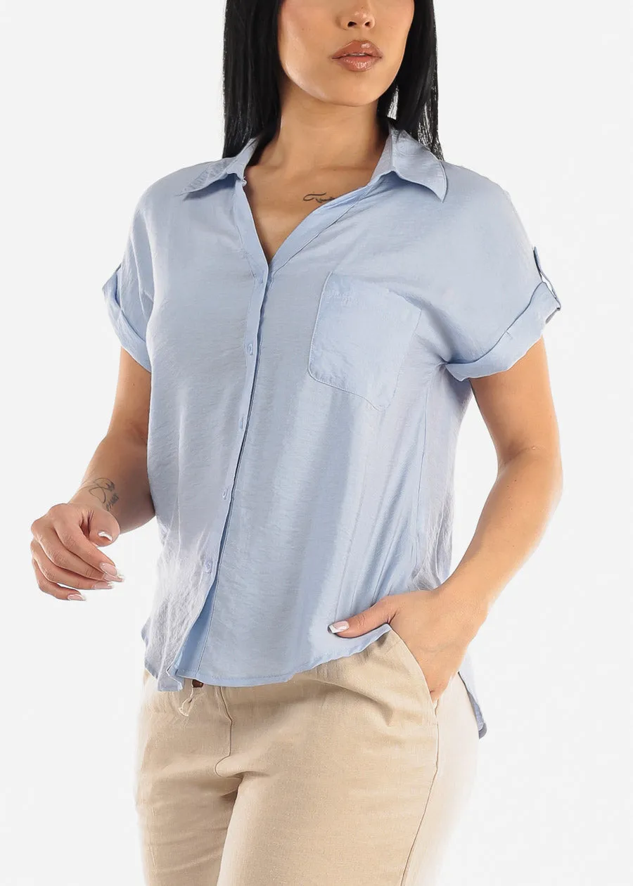 Cap Sleeve Button Down Shirt Light Blue sold by Moda
