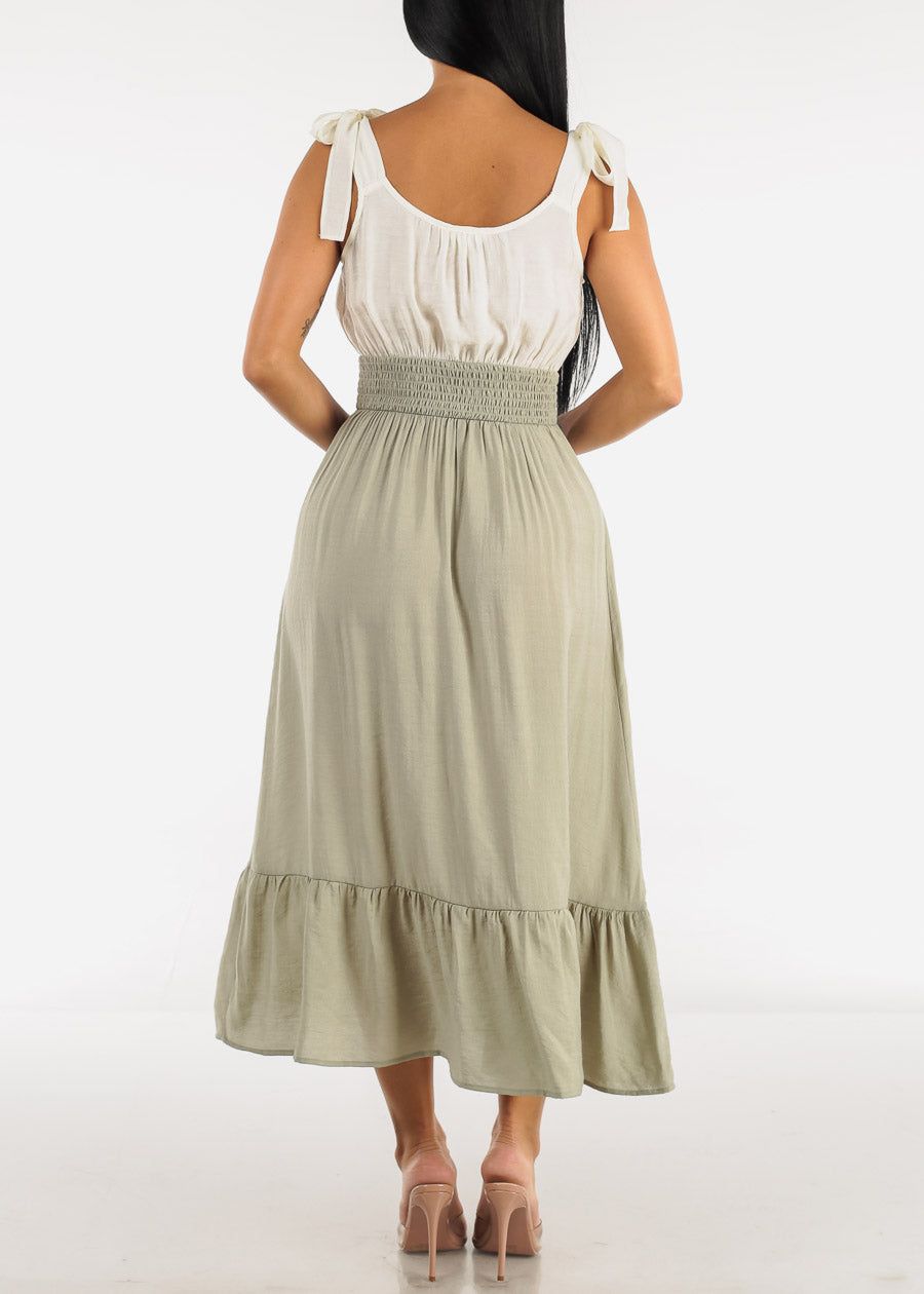 Sleeveless Smocked Waist Ruffled Midi Dress Olive sold by Moda product image thumbnail 3
