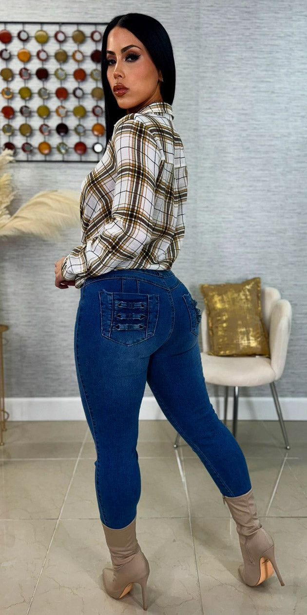 Med Wash Denim & Twist Front Plaid Set sold by Moda product image thumbnail 2