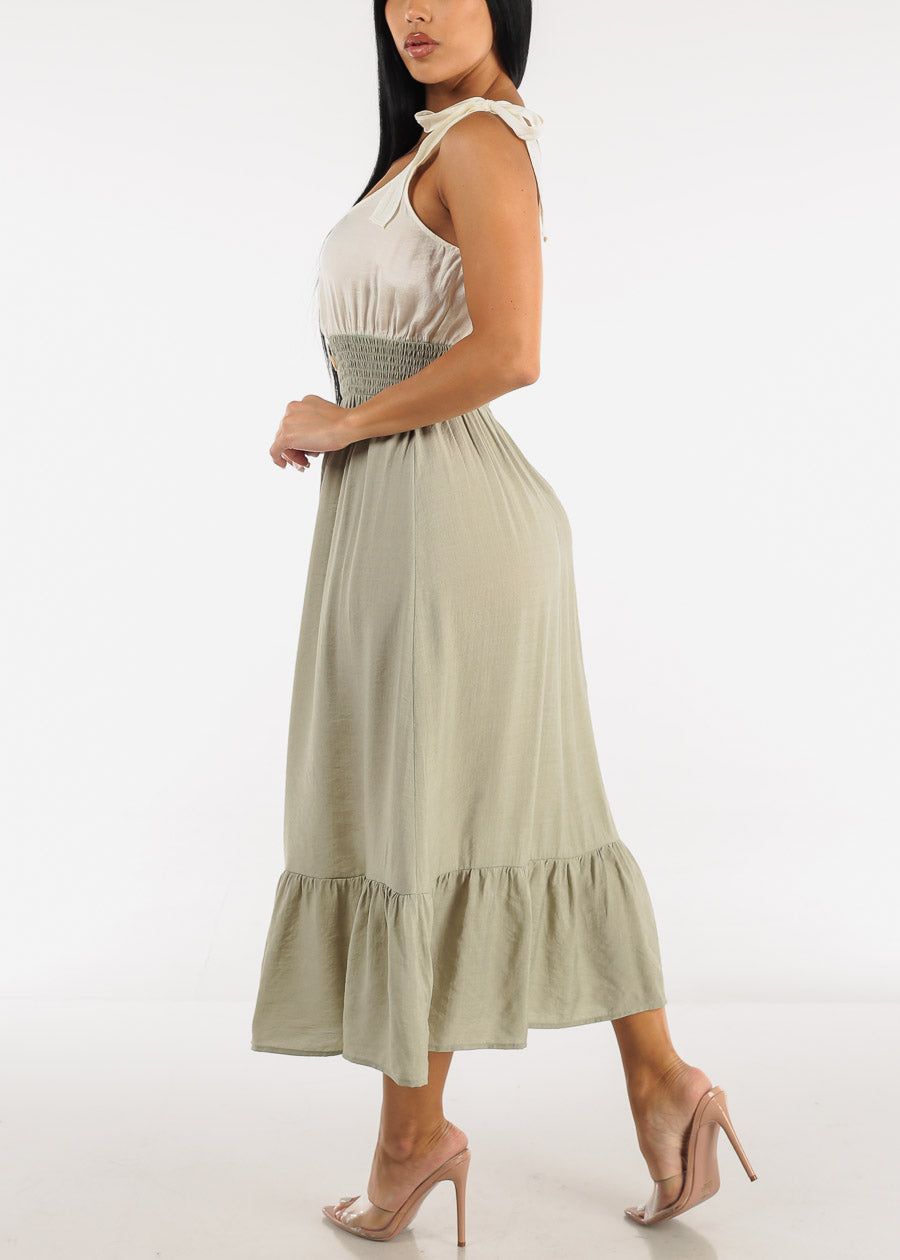 Sleeveless Smocked Waist Ruffled Midi Dress Olive sold by Moda product image thumbnail 4