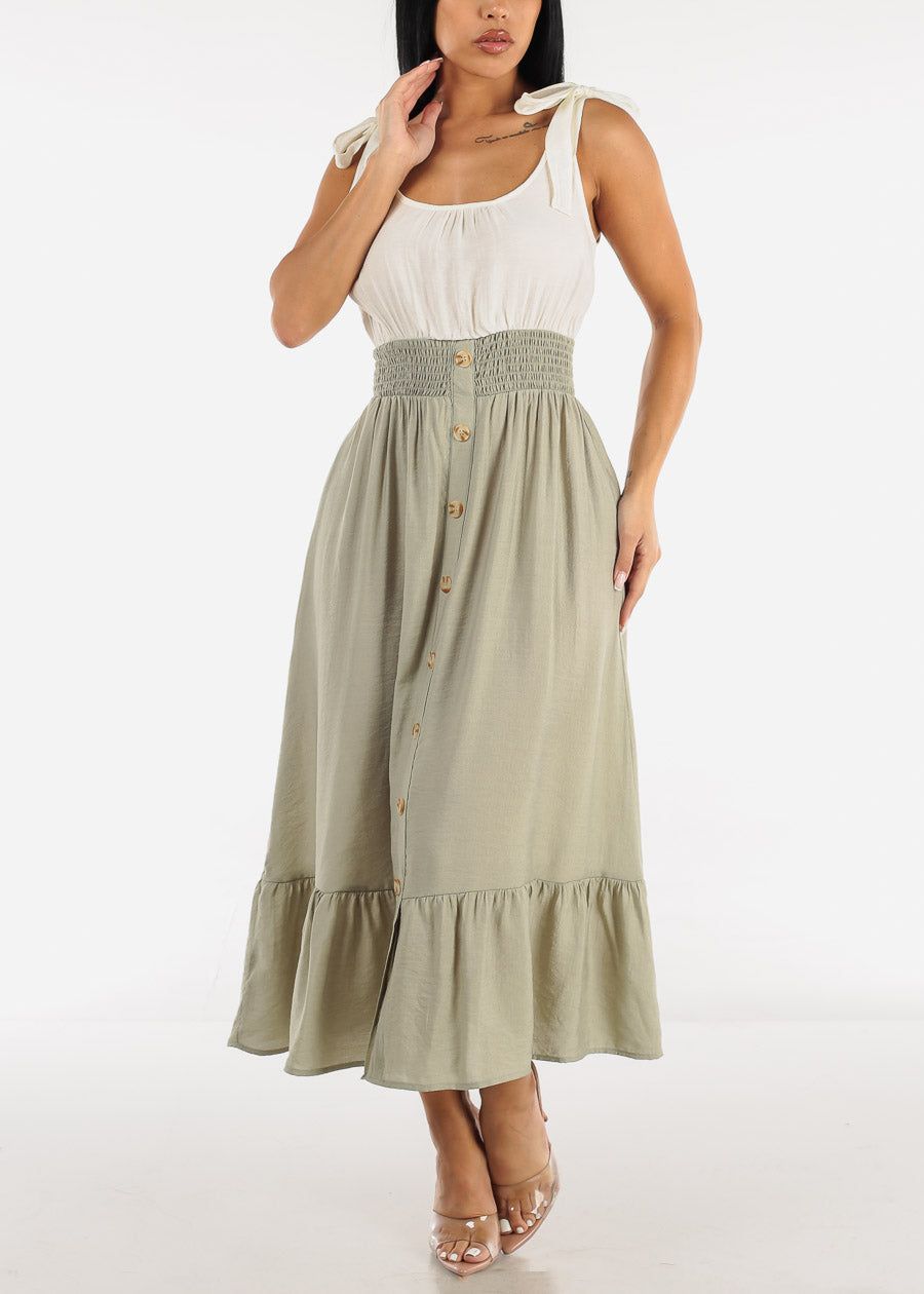 Sleeveless Smocked Waist Ruffled Midi Dress Olive sold by Moda